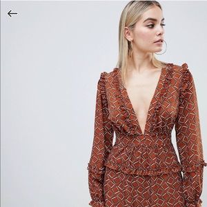 Pretty plunge skater dress in brown geo print